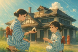 夏の青空の下、旧室蘭駅舎の前で浴衣を着た二人の姉妹が座っている。姉が妹におにぎりを差し出している温かい瞬間。背景には明治時代の木造駅舎が美しく描かれ、アニメーション風のタッチで描かれている。